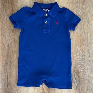 Ralph Lauren 100% Cotton Blue Short-Sleeve Polo Romper Red Pony Logo Size 6M